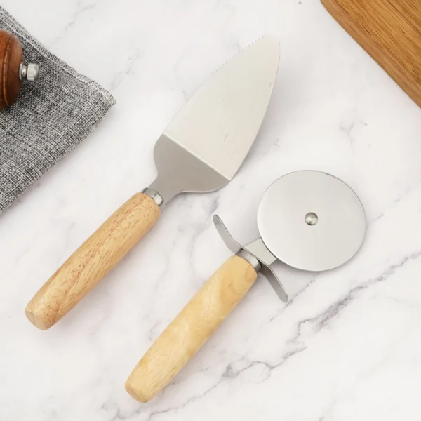 Pizza Baking Set - Wooden Handle SS Pizza Cutter & Shovel