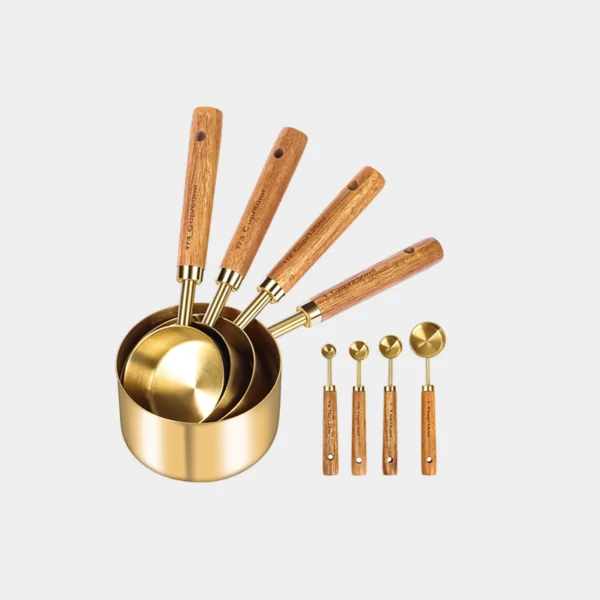 8-piece stainless steel measuring spoon & cup set with rose gold wooden handle for commercial baking