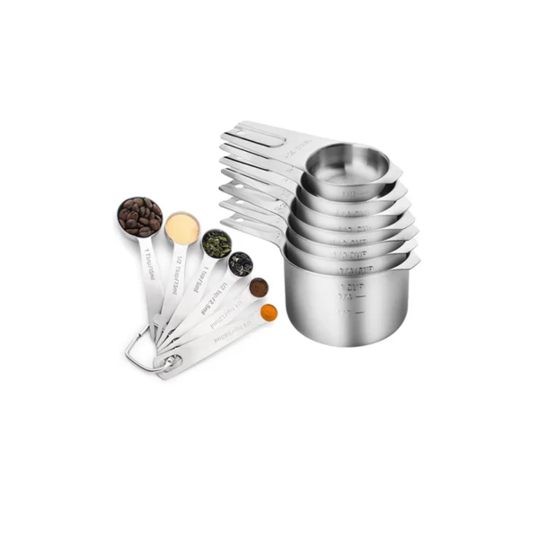 14-piece food-grade stainless steel measuring cups & spoons set with dual-scale markings for commercial bakery