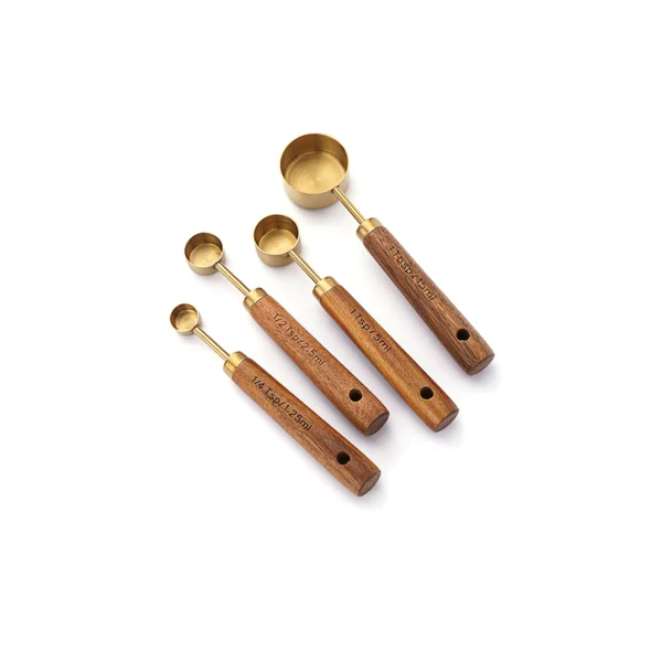 8-piece stainless steel measuring spoons and cups set with rose gold wooden handle for commercial baking