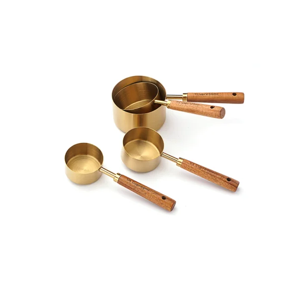8-piece stainless steel measuring spoons and cups set with rose gold wooden handle for commercial baking