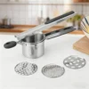 Effortless lever operation of interchangeable disc potato ricer for home cooking