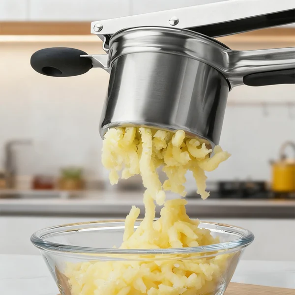 Effortless lever operation of interchangeable disc potato ricer for home cooking