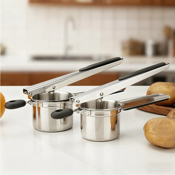 Effortless lever operation of interchangeable disc potato ricer for home cooking