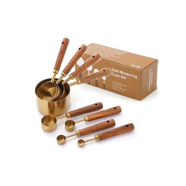ergonomic acacia wooden handle of stainless steel measuring spoons cups set for comfortable grip