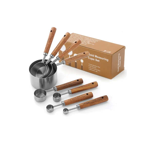 ergonomic acacia wooden handle of stainless steel measuring spoons cups set for comfortable grip